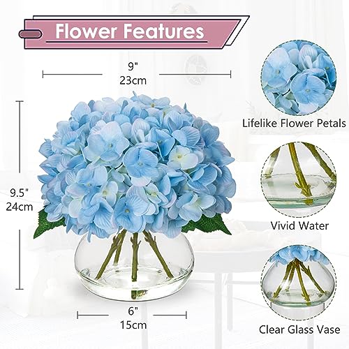 Hollyone Hydrangea Artificial Flowers with Vase Blue Silk Fake Flowers Arrangements in Glass Vase with Faux Water Faux Floral Bulk Bouquet for Home Decor Bathroom Table Centerpiece Shelf Decorations - color: Hydrangea, Blue