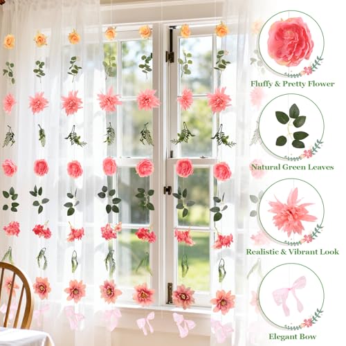 Livole 12Pcs 72Ft Hanging Flower Garland with Bow Pink Wildflower Garlands Backdrop Silk Rose Fake Floral Vines with Hooks for Spring Party Wedding Birthday Anniversary Arch Wall Garden Decor - color: Pink, size: 12Pcs