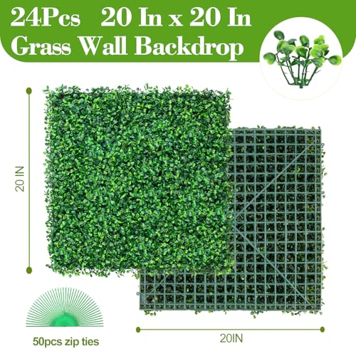 Grass Wall Panels 20" X 20" (24Pcs) Greenery Backdrop, Artificial Green Grass Backdrop Boxwood Panels, Greenery Wall Decor Indoor, Privacy Hedge Screen for Outdoor Garden, Patio Decor - size: 20X20inch-24pcs