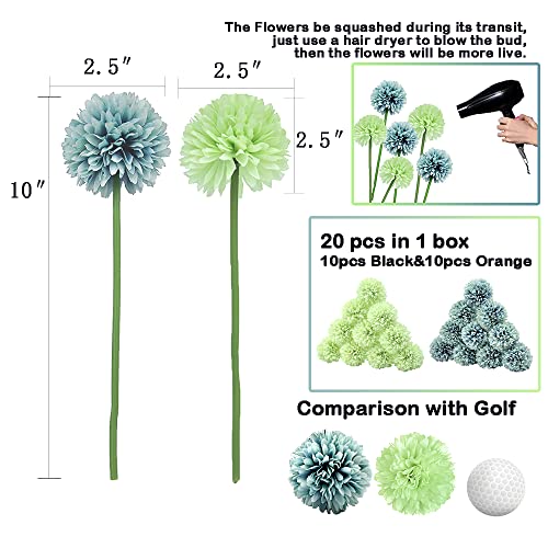 20Pcs Artificial Fake Flower Plants Silk Chrysanthemum Ball Hydrangea Arrangements Wedding Bouquets Decor Home Kitchen Garden Party Table Floral Centerpieces DIY (Blue&Green) - color: Blue&green