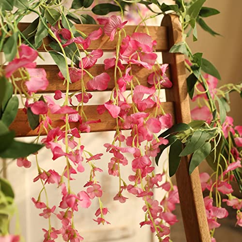 Veryhome 3Pcs 7.2Ft/Piece Artificial Flowers Wisteria Garland Artificial Wisteria Vine Hanging Flower Greenery Garland for Home Garden Outdoor Wedding Arch Floral Decor (Fuchsia) - color: Fuchsia
