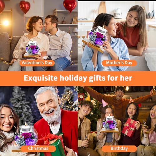Flowers for Delivery, Preserved Flower in Glass Dome with Scented Candle, Long Lasting Rose Gifts for Women Wife Girlfriend on Christmas Mothers Day Valentines Day Birthday (Purple) - color: Purple