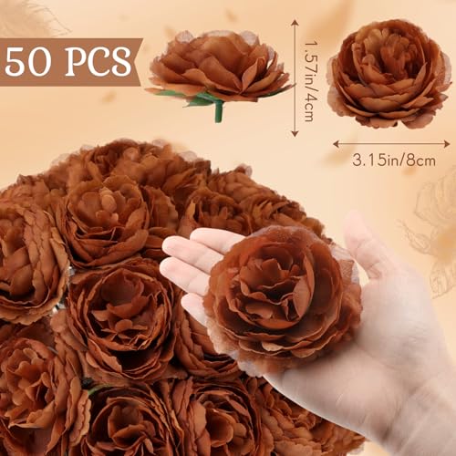 Thiccywoov 50 Pcs Artificial Flowers, 3.2 Inches Silk Rose Head Flowers Fake No Stem for Wedding Bridal Bouquet Home Floral Decor DIY Centerpieces Arrangements Party Tables Decoration(Coffee) - color: Brown