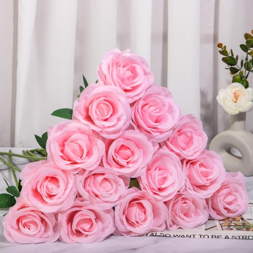 Ouddy Decor 50 Pcs Fake Roses Artificial Flowers Bulk Real Touch Velvet Silk Flowers with Long Stems for Wedding Bridal Bouquet DIY Table Centerpiece Mothers Day Valentines Gifts Home Decor, Pink - color: Pink, size: 50 Packs