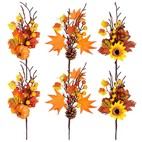 6 Pack Artificial Maple Leaves Branches Autumn Pumpkin Berry Twig Stem Orange Fall Stems Fake Artificial Flower Picks for Thanksgiving Christmas Harvest Festival Decoration DIY Floral Arrangements - color: Style 2
