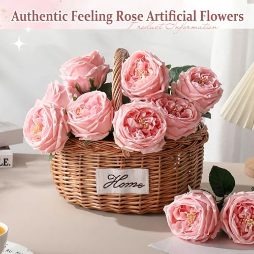Daifunli 10pcs Real Lifelike Peonies Artificial Flowers, Faux Austin Rose with Long Stem Look Real Fake Flower for Christmas Valentines Arrangement Wedding Party Home Kitchen Decor(Pink) - color: Pink