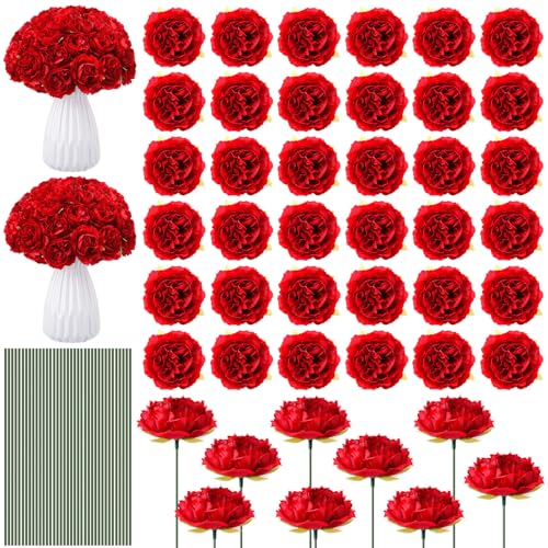Thiccywoov 200 Pcs Flowers Long Stem Artificial Rose Bulk, 3.2 Inches Silk Rose Head Flowers Faux for Wedding Bridal Bouquet Independence Day Home Floral DIY Centerpieces Party Decoration(Red) - color: Red