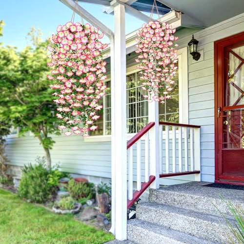 TOCHGREEN Artificial Fake Hanging Flowers Plants for Outdoor Decoration 2PCS Faux Silk Morning Glory Flowers UV Resistant Hanging Plants for Home Porch Patio Garden Planter Decor (Pink, 2PCS) - color: Pink, size: 2PCS