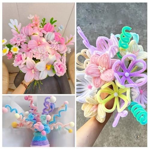Peryiter 371 Pcs Pipe Cleaners Flowers Kit, Pipe Cleaners Chenille Stems Bulk with Floral Wire Gardening Tape Stamen, Fluffy Limpiapipas para Flores for DIY Mother's Day Decor(Macaron Color) - color: Macaron Color
