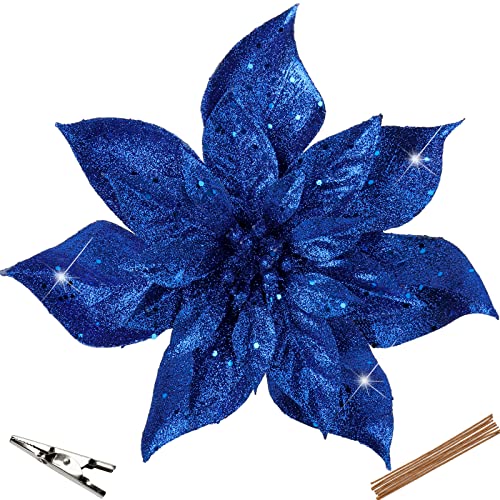 Briful 9'' Christmas Poinsettia Flowers 8PCS Blue Glitter Artificial Flowers Large Christmas Ornament Flowers for Xmas Tree Wreath Garland Decoration - color: Blue