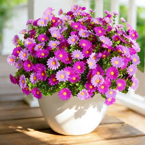 12Pcs Artificial Flowers for Outdoors UV Resistant，Daisy Fake Flowers Bouquet Weatheroof Faux Flowers for Outdoor Planter Real Touch Silk Flowers for Front Door Garden Proch Patio，Purple - color: Purple, size: 12Pcs