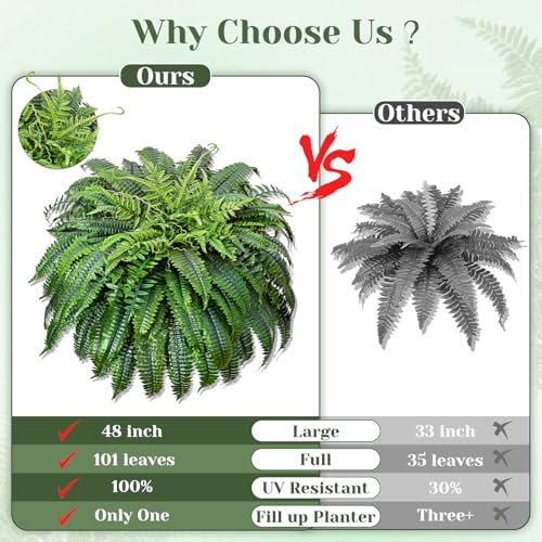 2 Pcs 48 Inch Fake Ferns, Look Real 101 Leaves Artificial Boston Ferns for Outdoors Large, Lush UV Resistant Faux Ferns for Outdoor Planter Large, Outdoor Faux Plants for Porch Patio Home Decor
