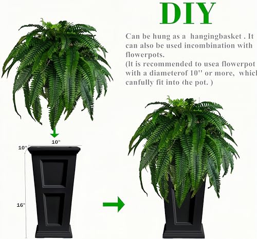 Outdoor Artificial Plants-2PCS Artificial Outdoor Hanging Fern Faux Greenery UV Resistant Plastic Plants for Front Porch Living Room Garden Decor- Including Hanging Planters (Dark Green) - color: Dark Green