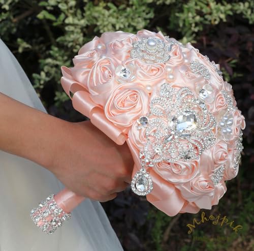 Bridal Wedding Bouquet Round Bling Brooch Bouquet Artificial Rose Flower Bunch for Bride Bridesmaid Wedding Quinceanera(Light Salmon Pink, 9.8") - color: Light Salmon Pink, size: Large (Dia. 9.8"/25cm)