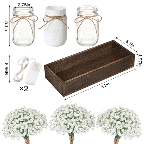 BLEUM CADE Mason Jar Centerpiece Table Decorations, Lights Centerpiece for Kitchen Dining Table Farmhouse Coffee Table Wedding Home Decor with 3 Jars Babys Breath Artificial Flowers & Wood Tray - color: White-babys Breath