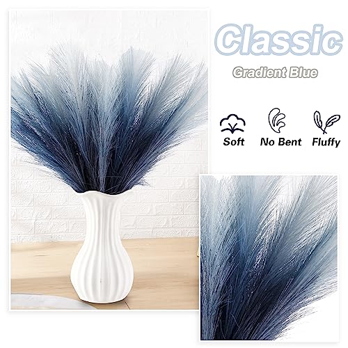 Blue Pampas Grass Decor, 30 Pcs 17" Faux Pampas Grass Short Decor, Pompas Grass Flower Arrangement and Vase Filler for Boho Home Wedding Decoration - color: Navy Blue Gradient, size: 17'' Tall
