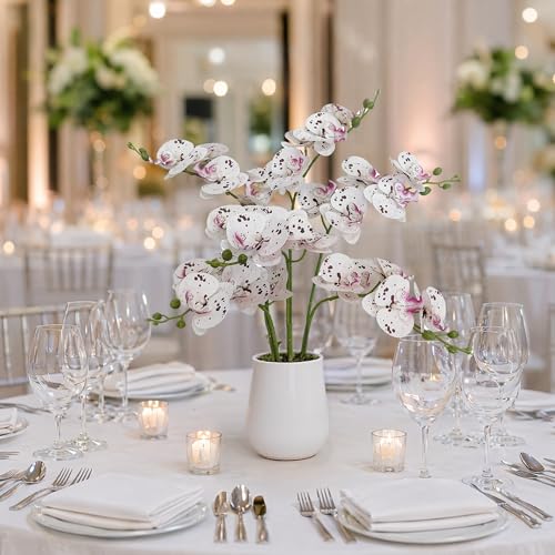 ATFL 6 Pack Ivory Orchid Artificial Flowers Real Touch, 23'' Artificial Fake Faux Silk Orchid Stem Bouquets for Wedding Party Home Garden Decor (6, Ivory White +Burgundy piebald) - color: Ivory White +Burgundy Piebald