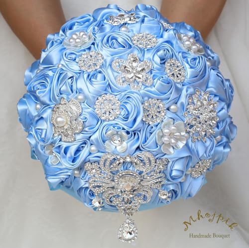 Bridal Wedding Bouquet Round Bling Brooch Bouquet Artificial Rose Flower Bunch for Bride Bridesmaid Wedding Quinceanera(Light Blue, 9.8") - color: Light Blue*, size: Large (Dia. 9.8"/25cm)