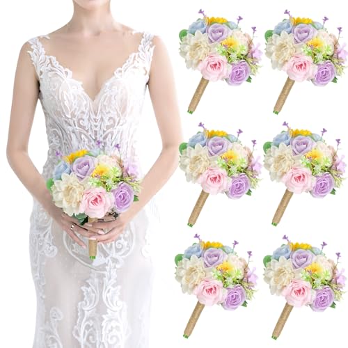 Wildflower Bridesmaid Bouquets 6 Pcs - Pre-Made Spring Artificial Flower Bouquets for Vintage Wedding Bridal Shower Graduations Anniversary Marriage Proposal -7 Inch - color: Wildflower, size: 6pcs Bouquets