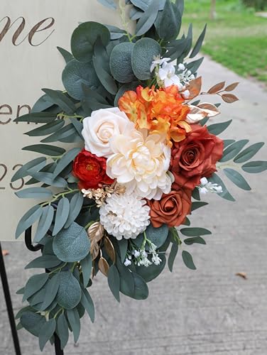 ponatia Wedding Arch Flowers (Pack of 2), Artificial Burnt Orange Wedding Flowers for Wedding Welcome Signs Decorations and Arch Flowers for Wedding Ceremony Reception (Burnt Orange & Ivory) - color: Burnt Orange & Ivory