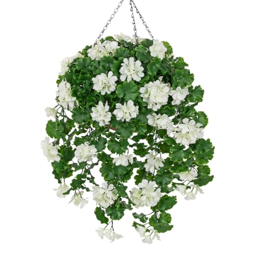 Artificial Geraniums Flowers with Hanging Baskets for Outdoors, Realistic White Geraniums Flowers Vines Artificial Hanging Planters for Indoor Outdoor Patio Porch - color: White, size: Large