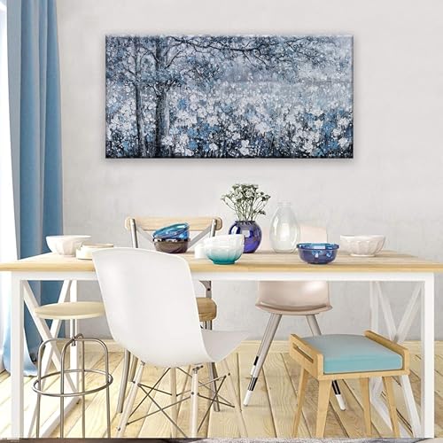Wall Art for Living Room Blue And White Abstract Tree Flower Modern Artwork Canvas Painting Textured Tree Pictures Wall Decor Bedroom Dining Room Home Office Decor 24"x48" Ready to Hang - color: grey blue, size: 48"L x 24"W