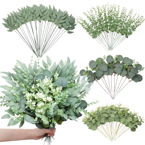 100 Pcs Mixed Artificial Eucalyptus Stems Leaves Bulk, 4 Kinds Faux Greenery Silver Dollar Leaves for Wedding Vase Bouquet Floral Arrangements