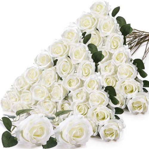 Jexine 60 PCS Artificial Roses Bulk Silk Flowers with Long Stems, Realistic Faux Rose Bouquet for Wedding Centerpieces, Valentine’s Party, Home Decor(White) - color: White