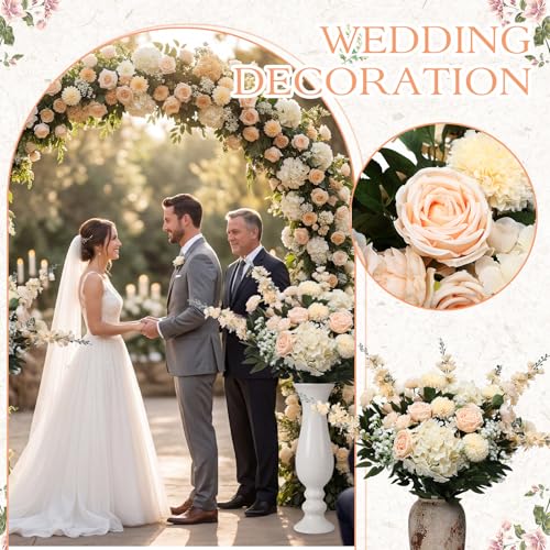 Suncalla 36 Pcs Champagne Artificial Flowers Bouquet Set 8 Kind Faux Delphinium Rose Peony Chrysanthemum Hydrangea Baby's Breath Florals with Greenery Long Stem for Wedding Table Vase Decor - color: Champagne
