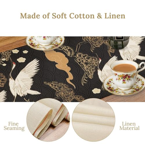 Crane Table Runner, Vintage Luxury Black Golden Asian Japanese Abstract Bird Cloud Tree Table Runner for Kitchen Outdoor Dining Banquet Party 13x36in - color: Crane-1, size: 13x36in