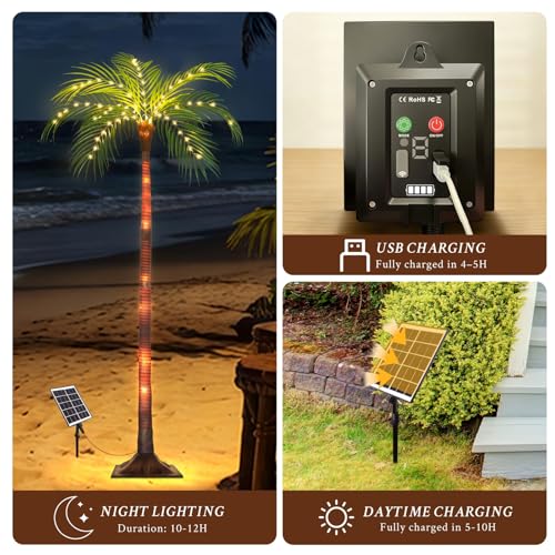 Solar Palm Tree Lights for Patio Outdoor Decoration，4.6FT Artificial Palm Tree with 110 LED Lights for Pool Tiki Bar Garden, Palm Trees with Light Up Plastic TreeTrunk and Rechargeable Remote Control