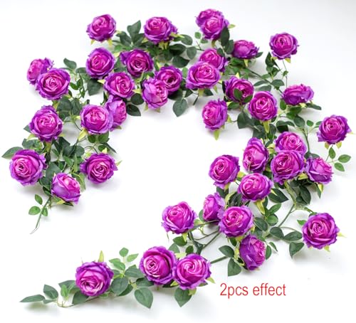 2Pcs 12Ft Bendable Artificial Flower Garland Faux Rose Vine Hanging Floral Garland for Wall Decor Trellis Fence Home Room Garden Wedding Decoration(Purple) - color: Purple, size: 2pcs