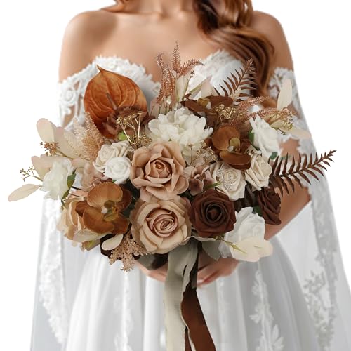 14 Inch Walnut Brown Bridal Bouquet,Wedding Bouquet,Bride Bouquets for Wedding Ceremony Anniversary, Boho Wedding,Party and French Rustic Vintage Wedding,Artificial Flowers - color: Walnut Brown, size: 14 Inch