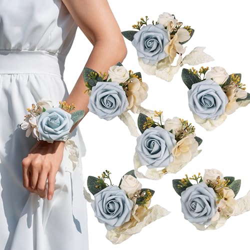 Dusty Blue Corsage for Wedding(Set of 6),Wrist Corsage,Corsage for Prom,Party Prom Hand Flower Decor,Mother of The Bride Corsage, - color: Dusty Blue-01
