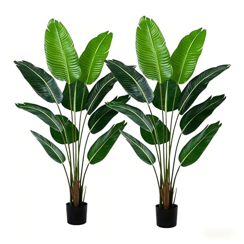 2 Pack 5FT Artificial Birds of Paradise Plants, Fake Tropical Tree with 10 Banana Leaves, Faux Plants for Home Living Room Indoor Outdoor Office Decor - size: 5ft-2 pack