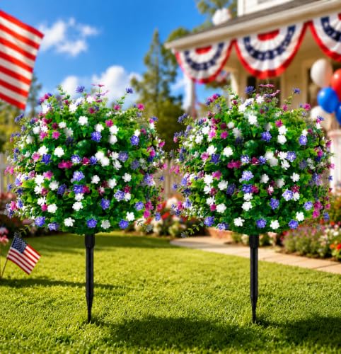 Artificial Boxwood Topiary Ball Tree Outdoor Set of 2,UV Resistant Fake Topiary Balls Flowers with Spike, Realistic Faux Shrubs Plants Bushes Greenery for 4th of July Porch Outdoor Planter D15.8 - color: White+purple