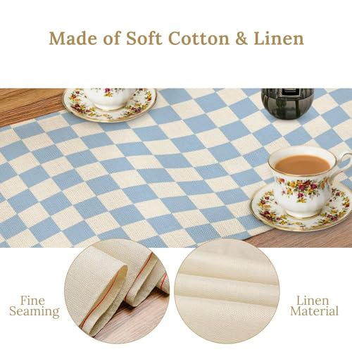 Groovy Hippie Table Runner Vintage Geometric Trendy Wavy Blue Checkered Dinner Runner for Country Farmhouse Kitchen Party Holiday 36X13inch - color: Checkered-3, size: L36"x W13"