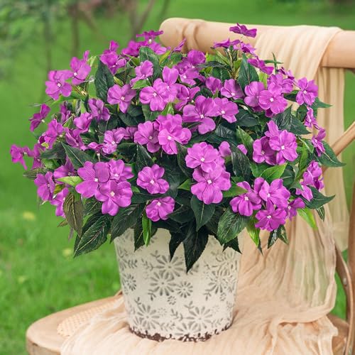 Fake Flowers Artificial Flowers for Outdoor，Artificial Impatiens Bouquet Flowers for Outdoors，Spring Flowers Artificial Impatiens Outdoor Silk Fake Flowers Indoor Decor 4PCS(Purple) - color: Purple-4