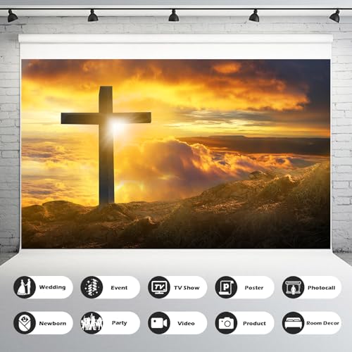 Jesus Christ Cross Backdrop Mountain Crosses Sunrise Sunset Background Crucifixion Church Event Background Decorations Sepulcher Lord Pray Christian Backdrop Easter Religious Belief Props 5x3ft - color: Orange_Grey, size: 5x3ft