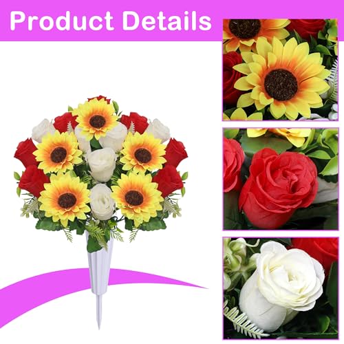 Lodou Artificial Cemetery Flowers for Grave,Set of 2 Artificial Rose Sunflower Bouquet Graveyard Memorial Flowers for Outdoor Grave Decorations ﻿ (Red White) - color: Red White