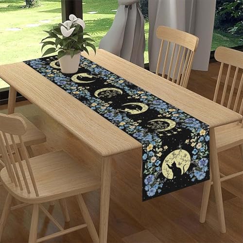 Boho Floral Table Runner, Spring Gothic Moon Phase Wildflower Mystical Witchy Farmhouse Coffee Table Center Decor for Home Kitchen Dining Patio Holiday Party Table Decorations 13x36 inches - color: Tr-moon07, size: 13x36" Table Runner