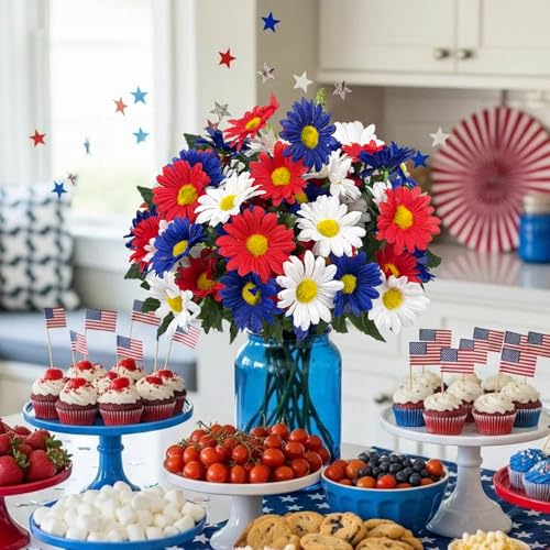 4 Bunches Memorial Day Flowers for Cemetery 15" Red White and Blue Artificial Flowers Faux Daisies Silk Flowers for 4th of July Table Decorations Indoor Outdoor