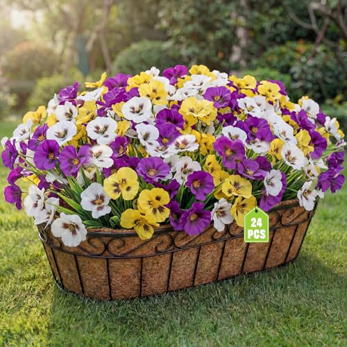 HUITEM 24 Pcs Artificial Flowers for Outdoors, Fake Pansy Uv Resistant Silk Faux Outdoor Flowers, Spring Flowers for Planter Front Door Porch Yard Patio Window Box Home Decor (3 Color) - color: 3 Color