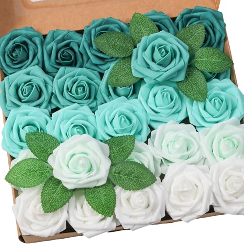 25pcs Artificial Flower，Real Looking Foam Roses w/Stem for DIY Wedding Bouquets Centerpieces Bridal Shower Party Decor-Shades of Teal Green - color: Shades of Teal Green