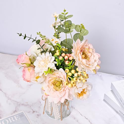 LUEUR Artificial Hydrangea in Vase for Mothers Gifts, Fake Silk Pink Flower Bouquet Artificial Flowers with Pot, Faux Dahlia Arrangement for Spring Living Room, Centerpiece Table Decorations - color: Pink
