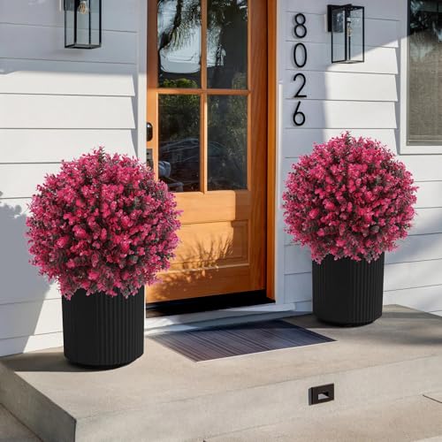 Artificial Red Eucalyptus Topiary Ball Tree 24" with Ground Spike, Set of 2 Artificial Boxwood Bushes for Faux Shrubs, Fake Evergreen Faux Plant for Indoor Outdoor Garden -UV Resistant–Fade-Proof - color: Red Eucalyptus