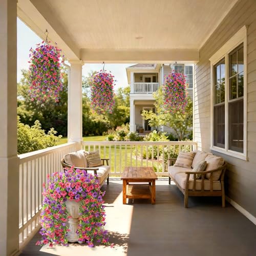 Artificial Hanging Flowers for Outdoors, 2 Pcs Fake Hanging Plant Spring Summer Decoration, UV Resistant No Fade Faux Silk Daisy Flower for Planter Porch Patio Yard Garden Decor(Purple Hot Pink) - color: Purple Hot Pink