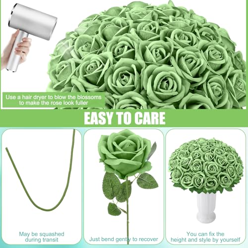 36 Pcs Velvet Texture Sage Green Artificial Flowers Bridal Bouquet, Fake Rose Long Stem Realistic Flowers Bulk for Valentine's Day Wedding Bouquet Ball Arrangement Centerpiece Party Home Deco - color: Sage Green