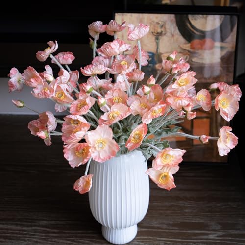Lifelike Artificial Poppy Flowers, 8 Stems Silk Bouquet with Flocked Stems & Leaves – for Wedding Centerpieces, Home Decor, Table Arrangements - color: 8pcs Pink