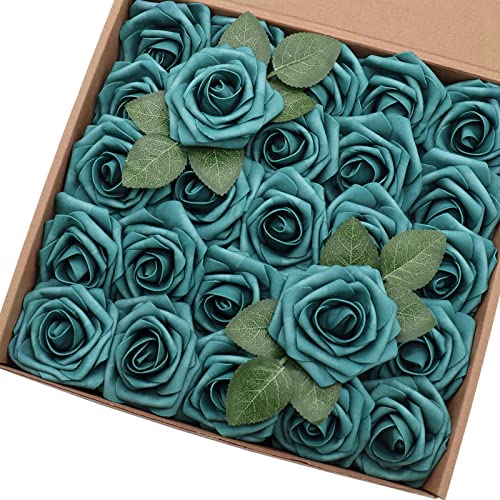 Artificial Flowers 50PCS Real Looking Dark Teal Roses Fake Roses with Stem for DIY Wedding Bouquets Centerpieces Party Baby Shower Home Decorations - color: Dark Teal, size: 3"/50pcs